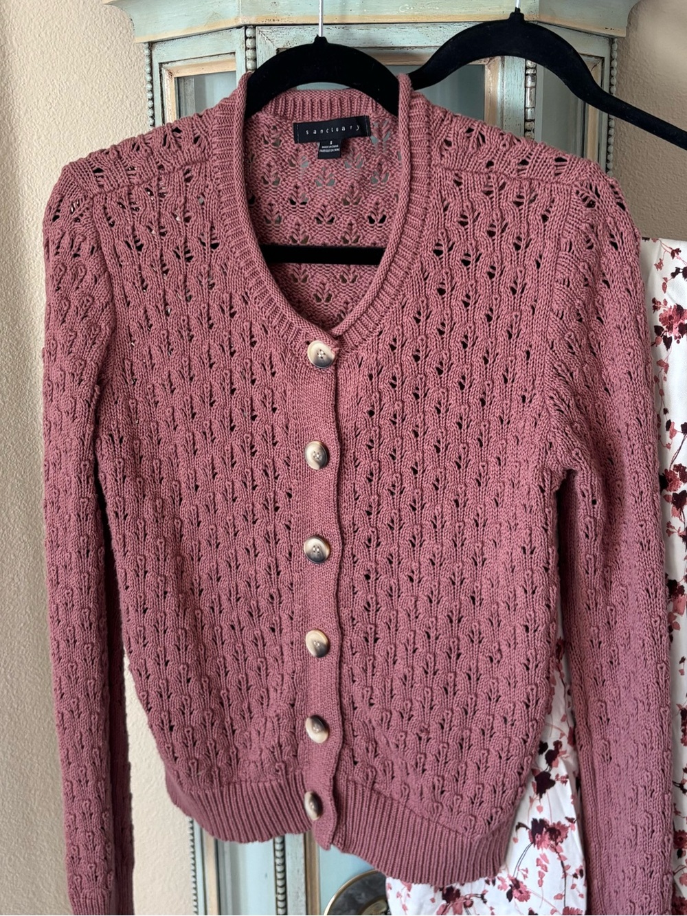 Sanctuary Mauve-Pink Openwork Button-Front Cardigan